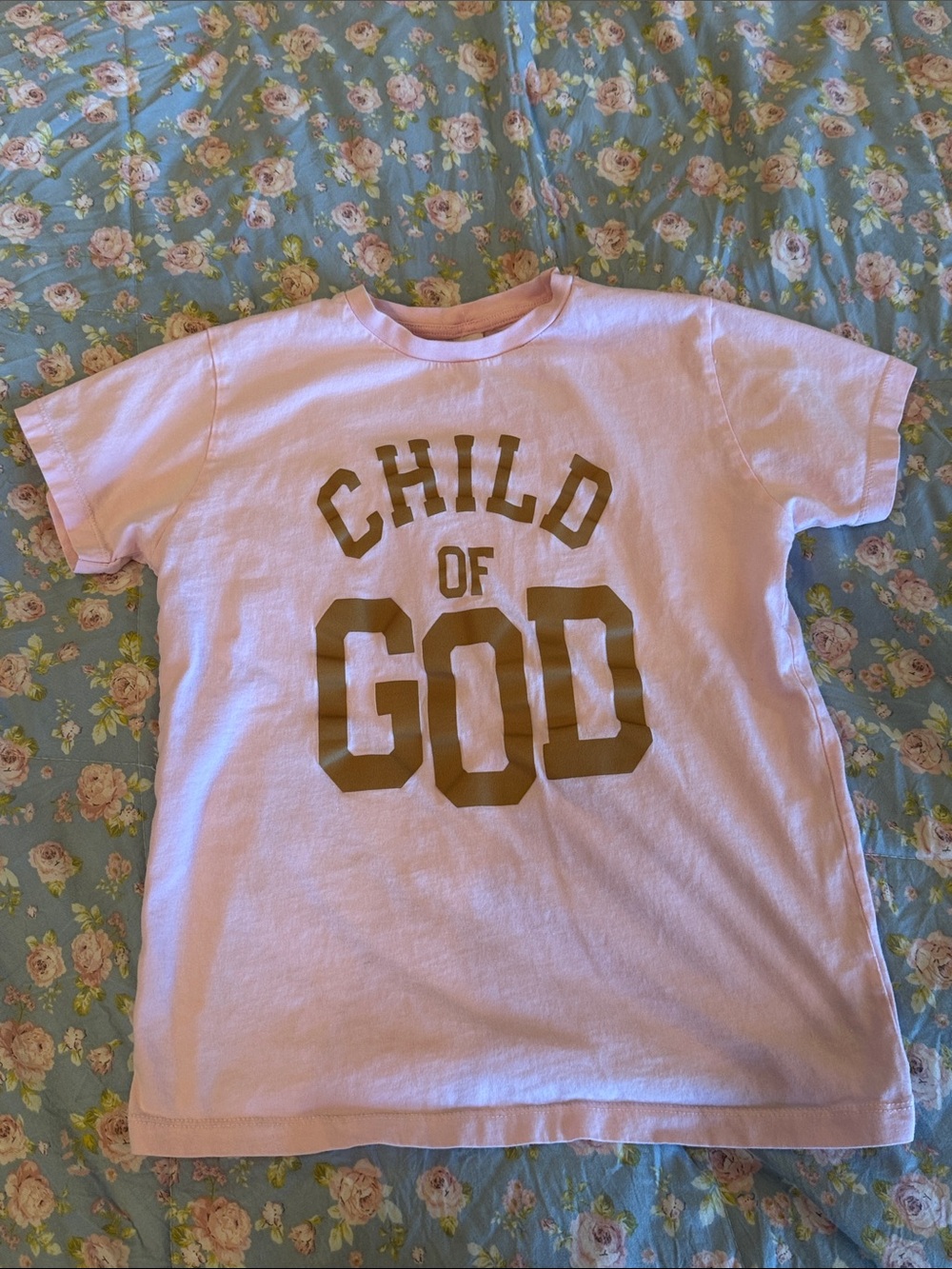 Pink Kids Short-Sleeve Graphic Tee with Gold 'CHILD OF GOD' Print